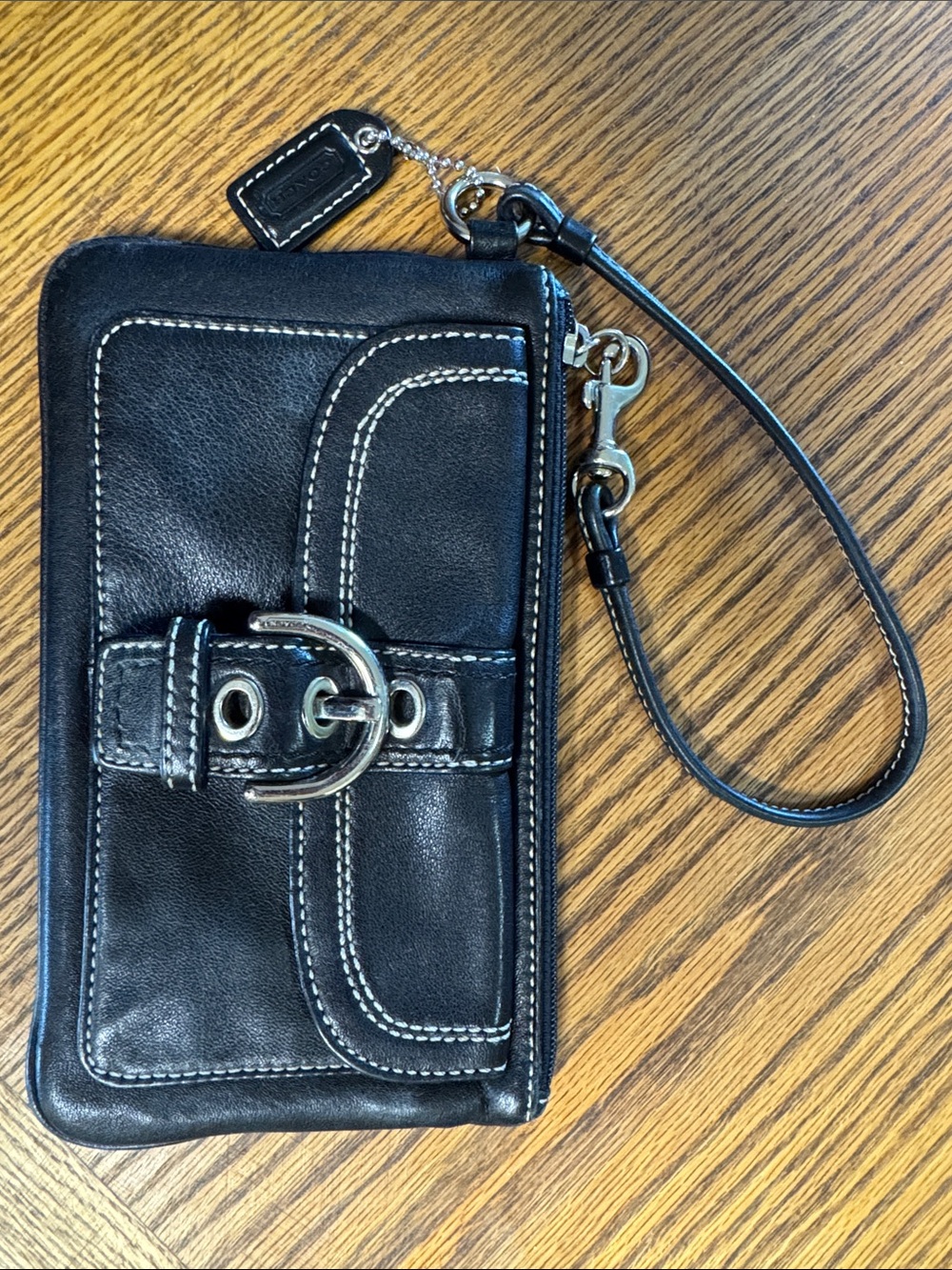 Coach Soho Black Leather Wristlet with Front Pouch & Buckle